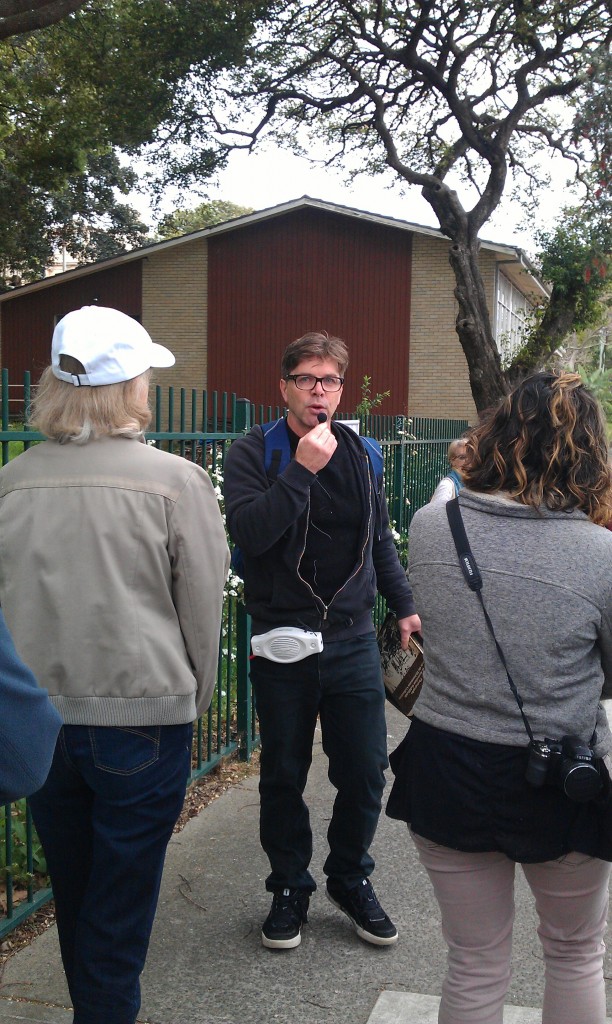 Ian Hoskins talking while walking backwards.