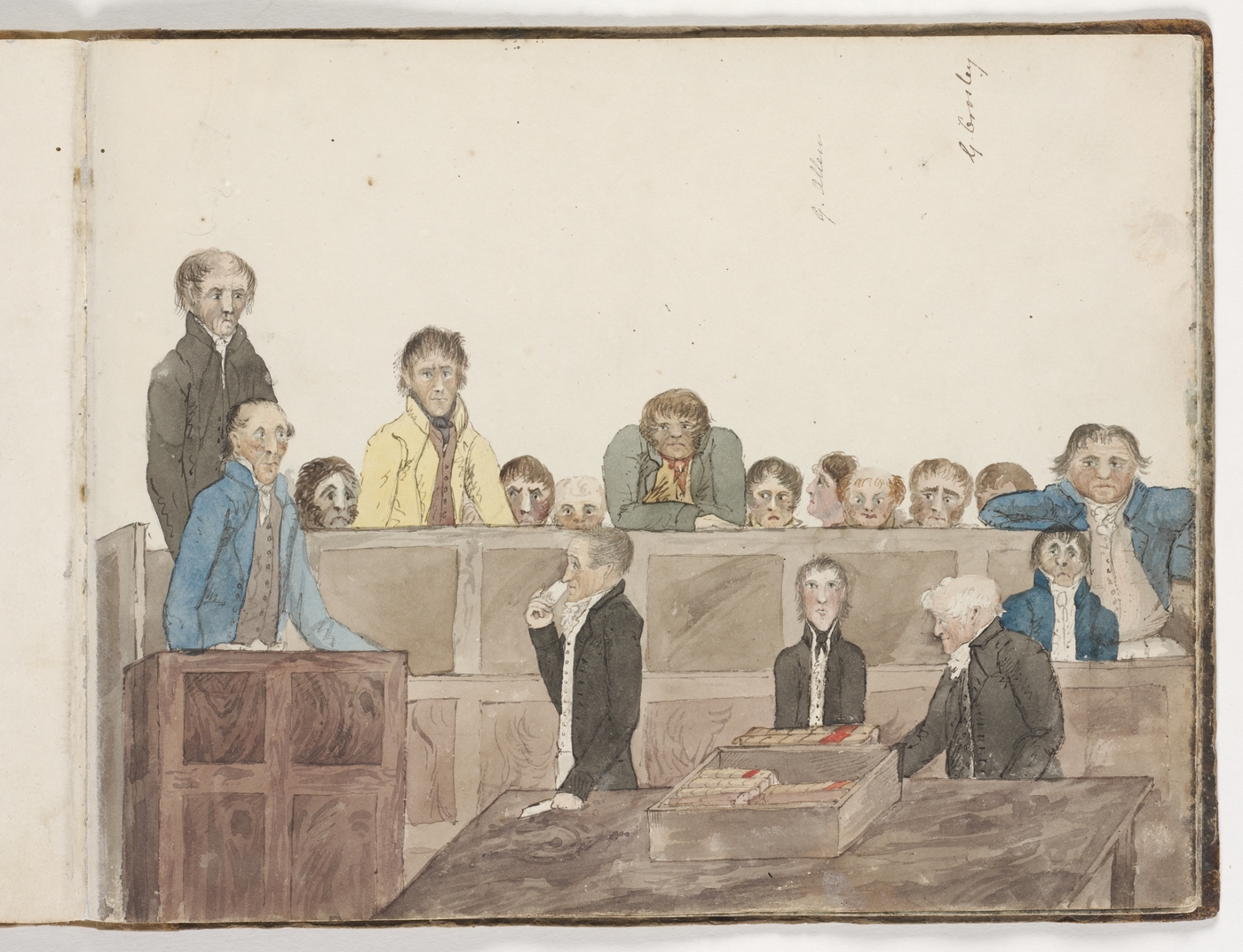 Courtroom scene, Sydney: the ‘Philo Free’ civil libel trial, 1 December 1817 (State Library of NSW, Edward Charles Close - sketchbook of New South Wales views, c. 1817, State Library of NSW, PXA 1187, Digital order no. a2821047)
